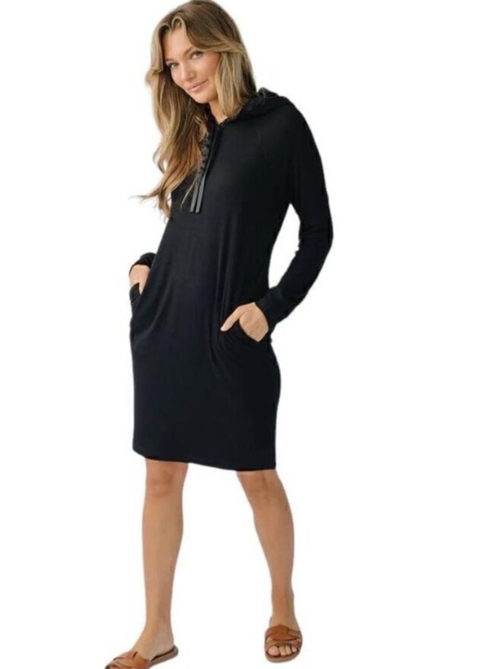Cozy Earth Bamboo Hoodie Dress Rib Knit Womens Satin Hoodie Black NWT XXL